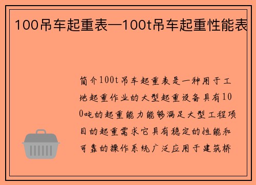 100吊车起重表—100t吊车起重性能表