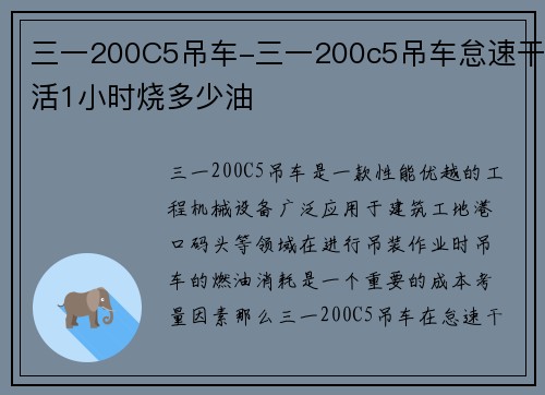 三一200C5吊车-三一200c5吊车怠速干活1小时烧多少油