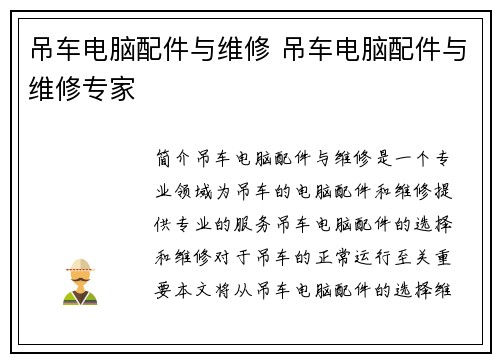 吊车电脑配件与维修 吊车电脑配件与维修专家